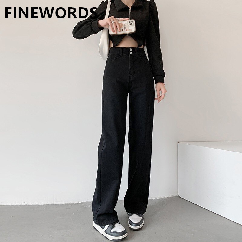 FINEWORDS Y2k High Waist Korean Wide Leg Black Jeans Women Casual 2022 Streetwear Straight Jeans Washed Vintage Punk